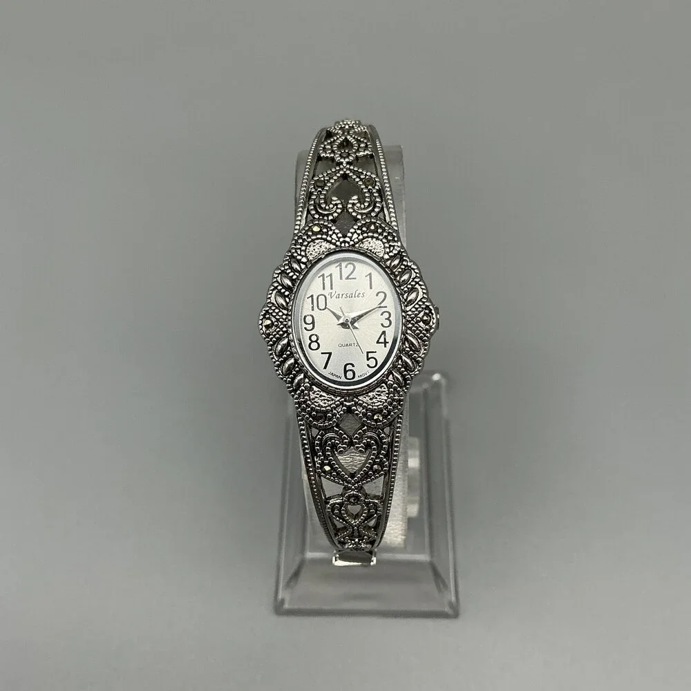 Varsales Womens Watch 22mm Silver Dial Filigree Heart Marcasite New Battery